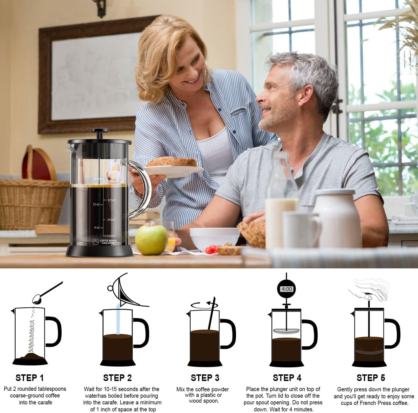 5 Step Coffee Making Process Glass French Press Coffee Maker with 4 Filter, 20Oz French Coffee Press with Glass Handle and Non-Slip Silicone Base Precise Scale, Easy to Clean, Durable Heat Resistant