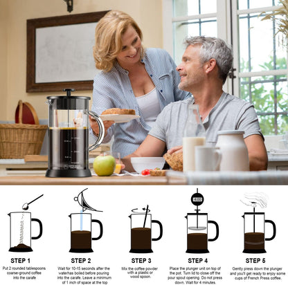 5 Step Coffee Making Process Glass French Press Coffee Maker with 4 Filter, 20Oz French Coffee Press with Glass Handle and Non-Slip Silicone Base Precise Scale, Easy to Clean, Durable Heat Resistant