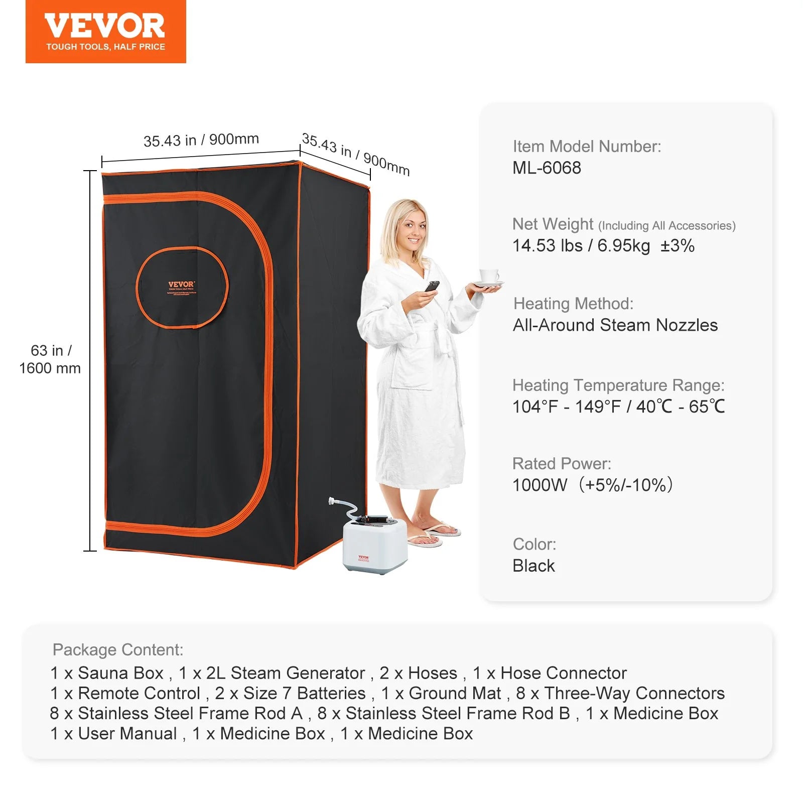 All-Around Steam Nozzles VEVOR Portable Steam Sauna Tent Full Size, 1000W Personal Sauna Blanket Kit for Home Spa, Detoxify & Soothing Heated Body Therapy, Time & Temperature Remote Control with Floor Mat
