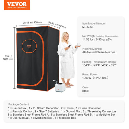 All-Around Steam Nozzles VEVOR Portable Steam Sauna Tent Full Size, 1000W Personal Sauna Blanket Kit for Home Spa, Detoxify & Soothing Heated Body Therapy, Time & Temperature Remote Control with Floor Mat