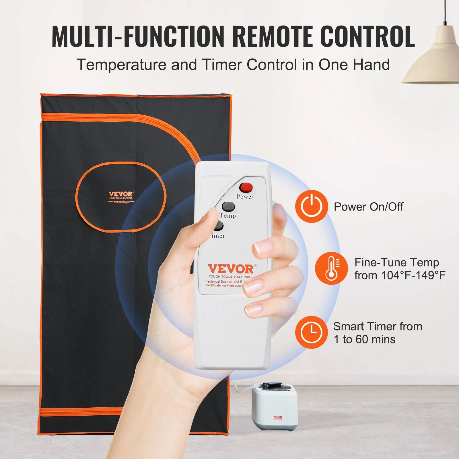 Remove Control, Temperature and Timer CComes with 1 to 60 mins Smart Timer 

VEVOR Portable Steam Sauna Tent Full Size, 1000W Personal Sauna Blanket Kit for Home Spa, Detoxify & Soothing Heated Body Therapy, Time & Temperature Remote Control with TimerMat