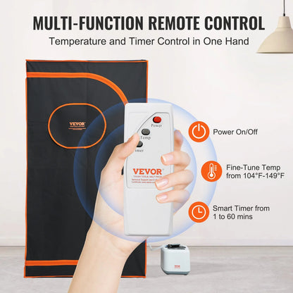 Remove Control, Temperature and Timer CComes with 1 to 60 mins Smart Timer 

VEVOR Portable Steam Sauna Tent Full Size, 1000W Personal Sauna Blanket Kit for Home Spa, Detoxify & Soothing Heated Body Therapy, Time & Temperature Remote Control with TimerMat