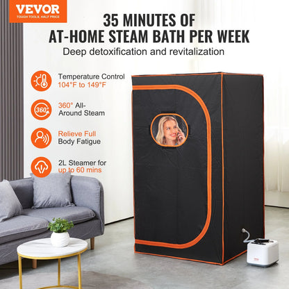 Deep Detoxification and Revitalization VEVOR Portable Steam Sauna Tent Full Size, 1000W Personal Sauna Blanket Kit for Home Spa, Detoxify & Soothing Heated Body Therapy, Time & Temperature Remote Control with Floor Mat, Temperature Control 100 Degrees Fahrenheit, 360 Degrees All-Round Steam, 2L Steamer for Up to 60 Minutes, Relieve Full Body Fatigue.