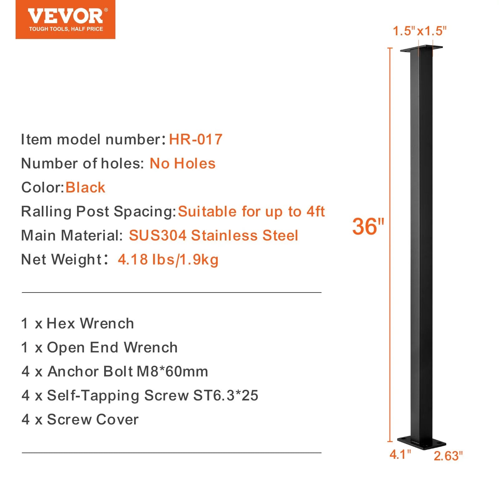 36" Long VEVOR Cable Rail Post Level Deck Stair Post 36 X 1.5 X 1.5 Cable Handrail Post Stainless Steel Brushed Finishing Deck Railing DIY Picket without Hole Stair Railing Kit with Mount Bracket Black