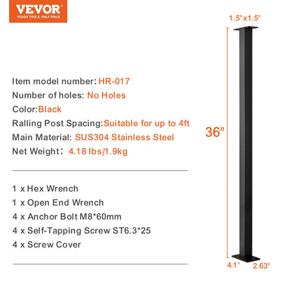 36" Long VEVOR Cable Rail Post Level Deck Stair Post 36 X 1.5 X 1.5 Cable Handrail Post Stainless Steel Brushed Finishing Deck Railing DIY Picket without Hole Stair Railing Kit with Mount Bracket Black