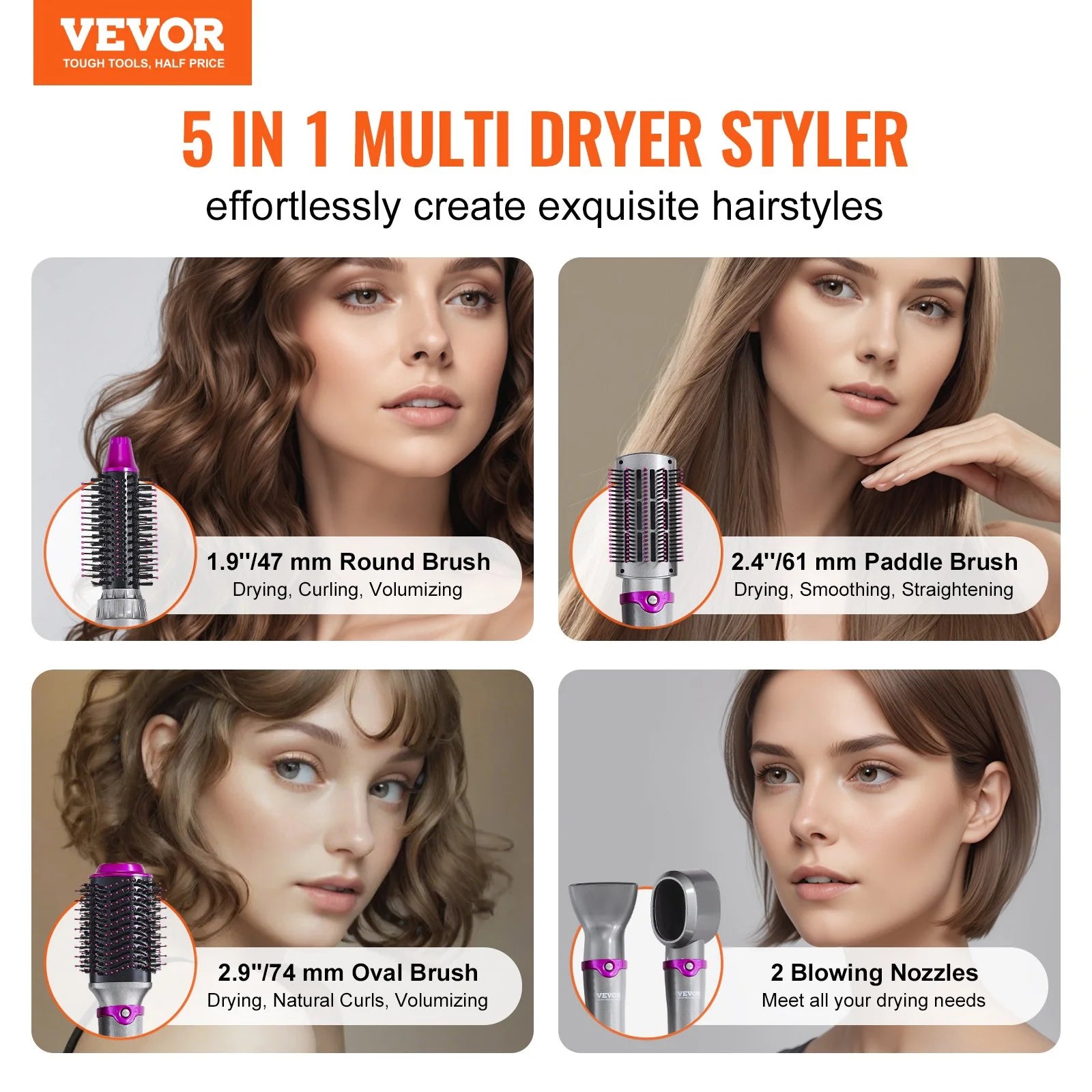 Grey Vevor Hair Dryer Brush 5-In-1 Hot Hair Styler Upgraded Negative Ion for Curling Multi Use