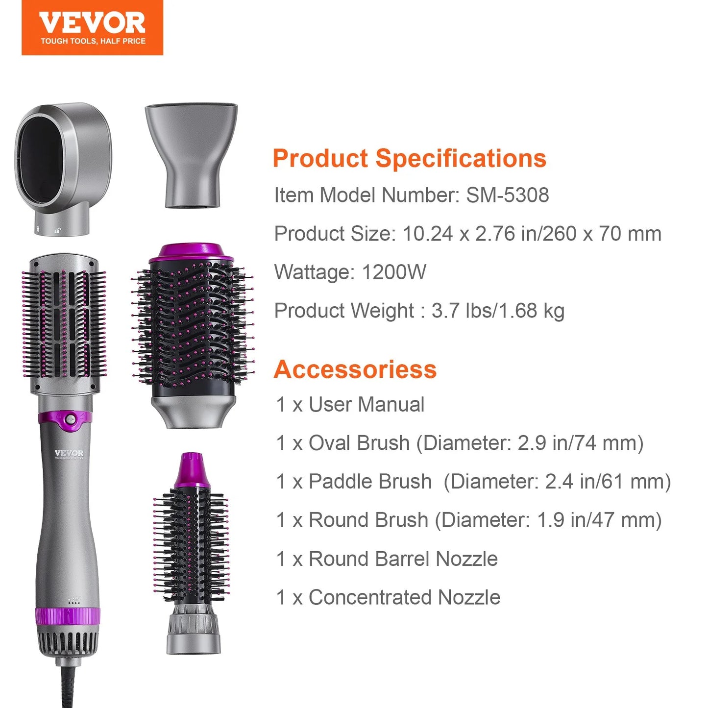 Multifunctional Vevor Hair Dryer Brush 5-In-1 Hot Hair Styler Upgraded Negative Ion for Curling