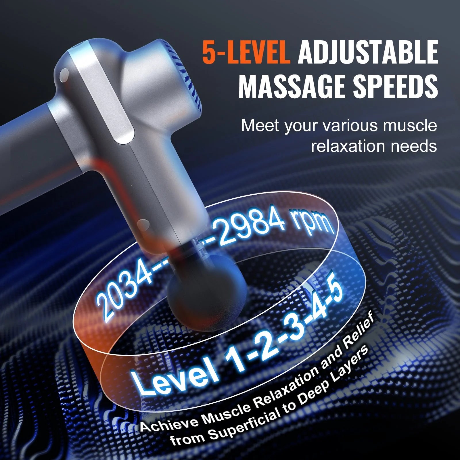 Muscle Relaxing VEVOR Massage Gun Deep Tissue, Percussion Muscle Massager for Athletes - with 5 Speed Levels & 6 Massage Heads, 7.4V 2500Mah Batteries, Handheld Electric Massage Gun for Pain Relief
