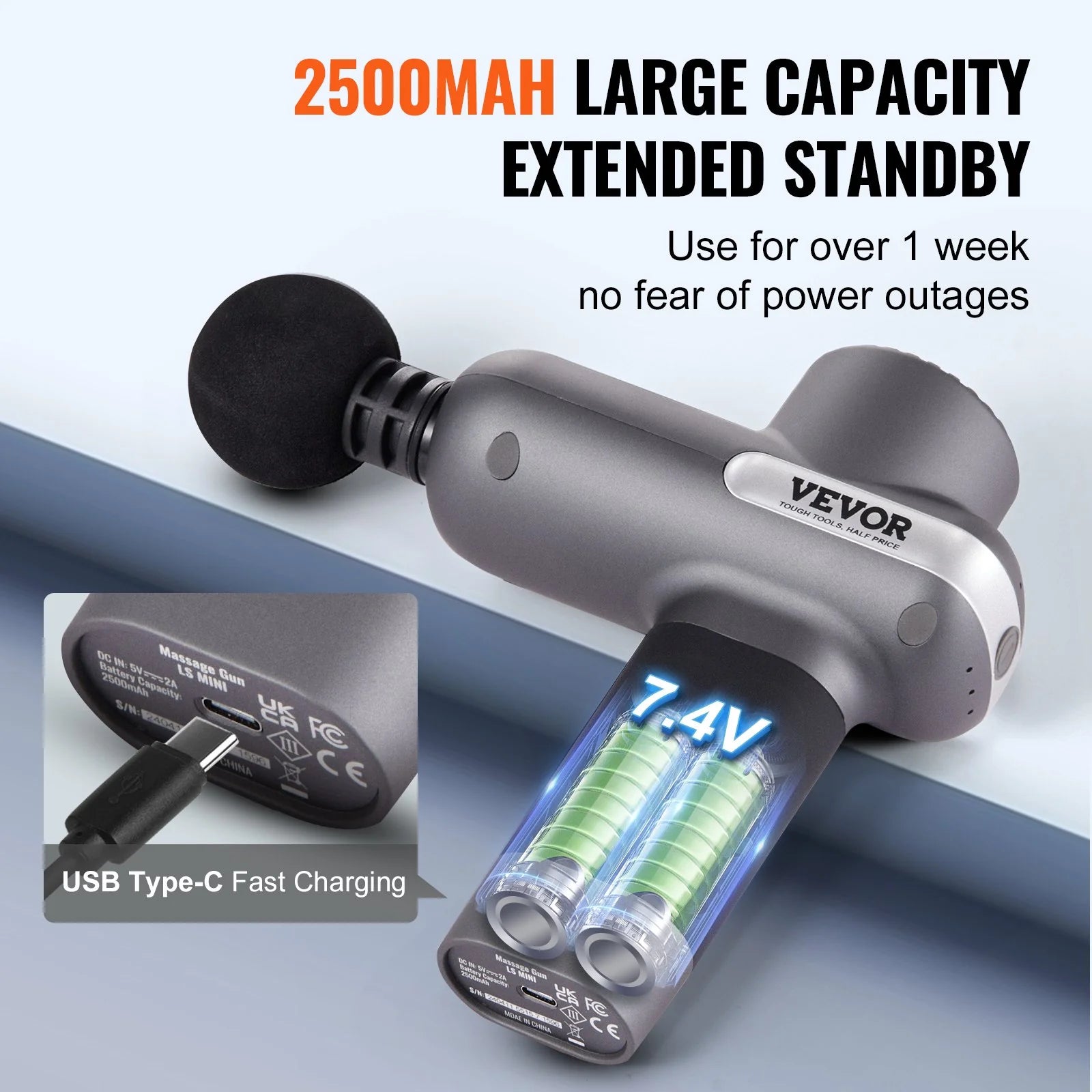 VEVOR Massage Gun Deep Tissue, Large Capacity with Extended Standby for Over 1 Week, Percussion Muscle Massager for Athletes - with 5 Speed Levels & 6 Massage Heads, 7.4V 2500Mah Batteries, Handheld Electric Massage Gun for Pain Relief, Muscle Relaxation