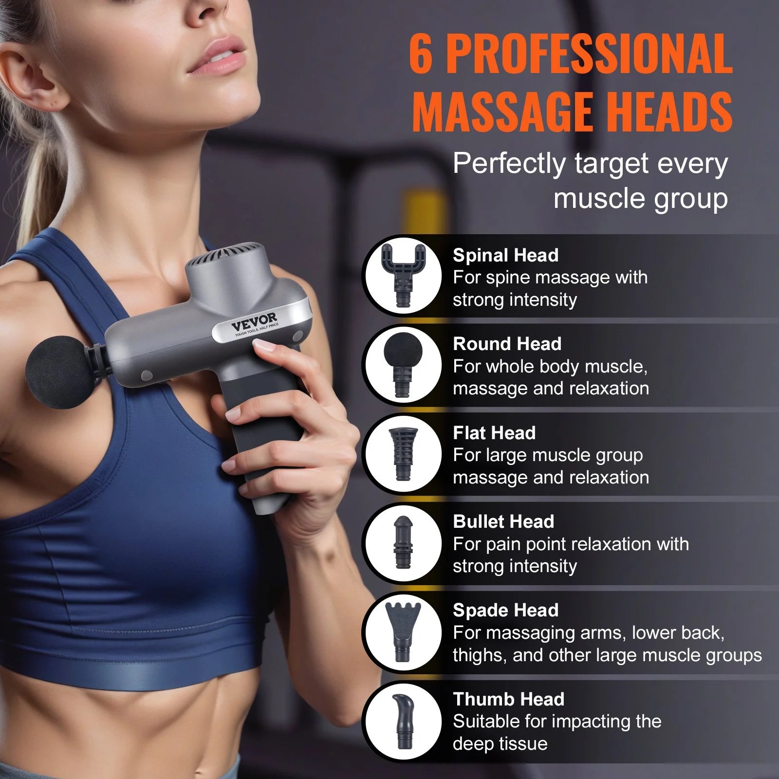 Six (6) Professional Massage Heads VEVOR Massage Gun Deep Tissue, Percussion Muscle Massager for Athletes - with 5 Speed Levels & 6 Massage Heads, 7.4V 2500Mah Batteries, Handheld Electric Massage Gun for Pain Relief, Muscle Relaxation