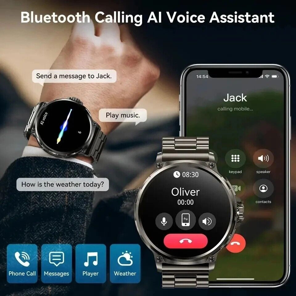 Bluetooth Calling AI Voice Assistant, 1.85" Ultra HD Smartwatch GPS Bluetooth Call Health Monitoring Watch Gym Gift, Weather-proof