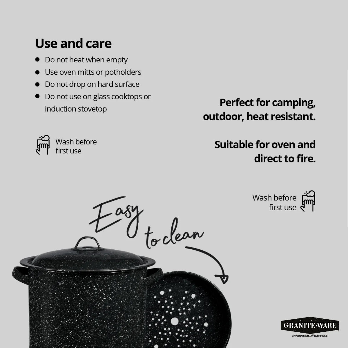 Easy Clean Ware Enamel on Steel Multiuse Pot, Seafood / Tamale / Stock Pot Includes Steamer Insert, 15.5-Quart, Black, for Oven and Diretct Fire