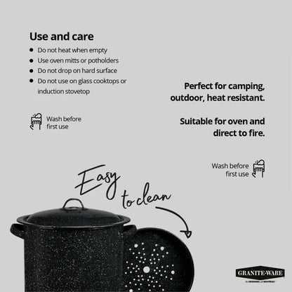 Easy Clean Ware Enamel on Steel Multiuse Pot, Seafood / Tamale / Stock Pot Includes Steamer Insert, 15.5-Quart, Black, for Oven and Diretct Fire