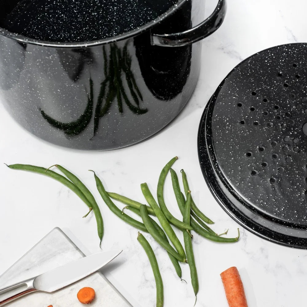 Solid Ware Enamel on Steel Multiuse Pot, Seafood / Tamale / Stock Pot Includes Steamer Insert, 15.5-Quart, Black