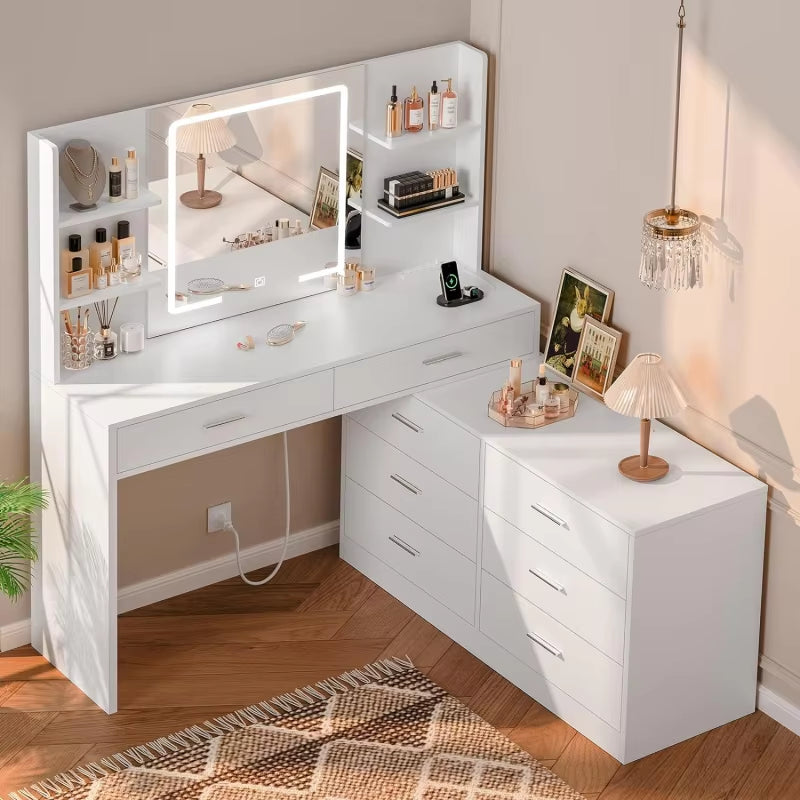 White 65.9'' Vanity Desk with LED Lighted Mirror;Power Outlet,Modern Corner Makeup Vanity Table 8 Drawers; Open Shelve, Dressing Table