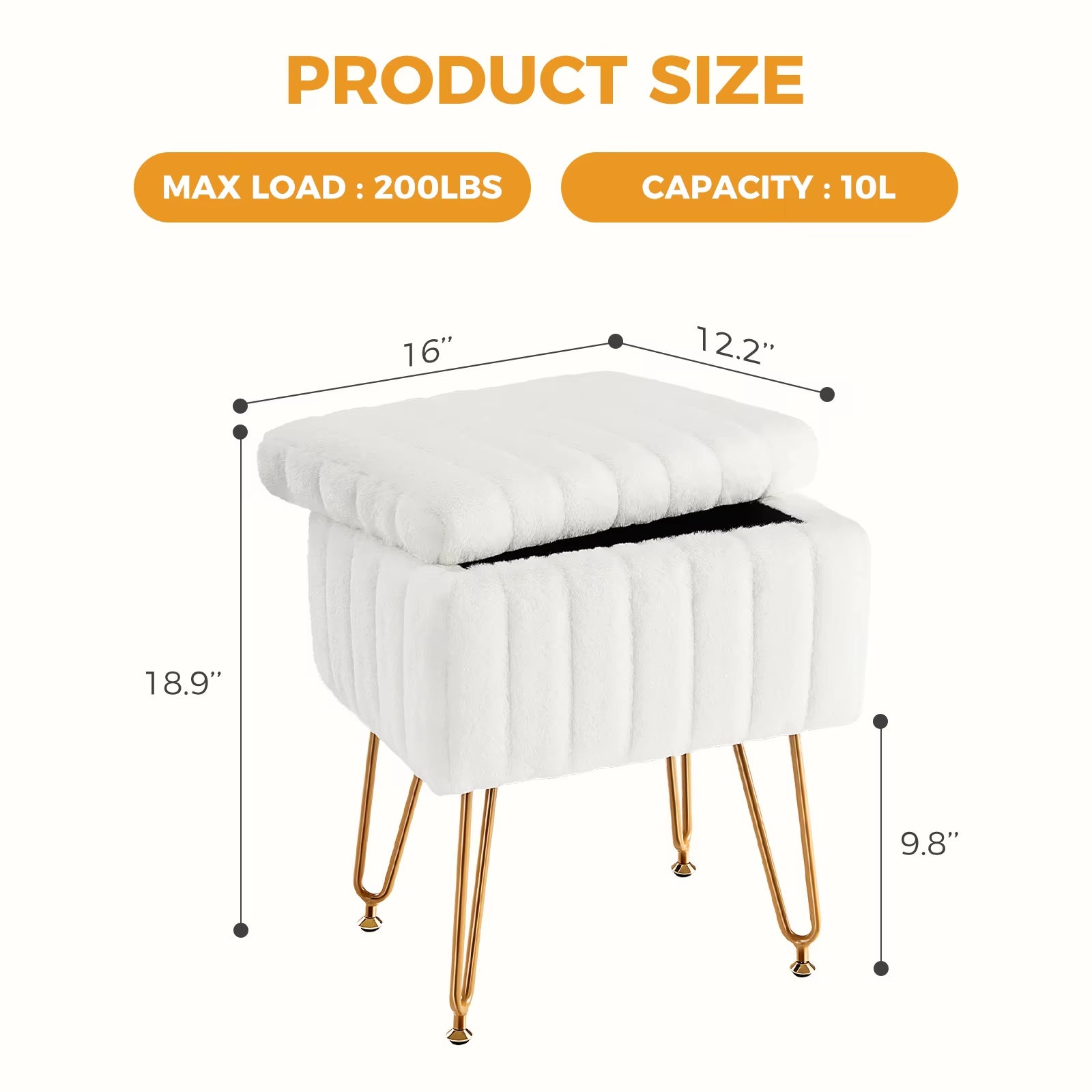 200LBS Max Load Faux Fur Living Room Hidden Storage Stools & Ottomans Padded Makeup with 4 Metal Legs Anti-Slip Adjustable Feet for Home