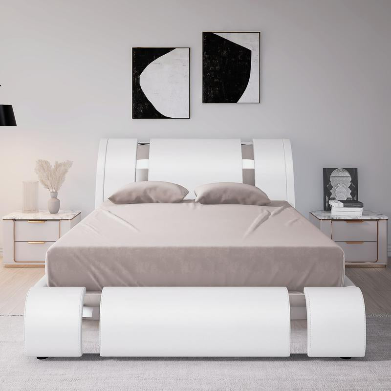 White Modern Faux Leather Platform Bed Frame with Adjustable Headboard - Queen/King Size, No Box Spring Needed, Stylish Iron Decor