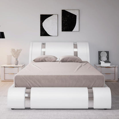White Modern Faux Leather Platform Bed Frame with Adjustable Headboard - Queen/King Size, No Box Spring Needed, Stylish Iron Decor