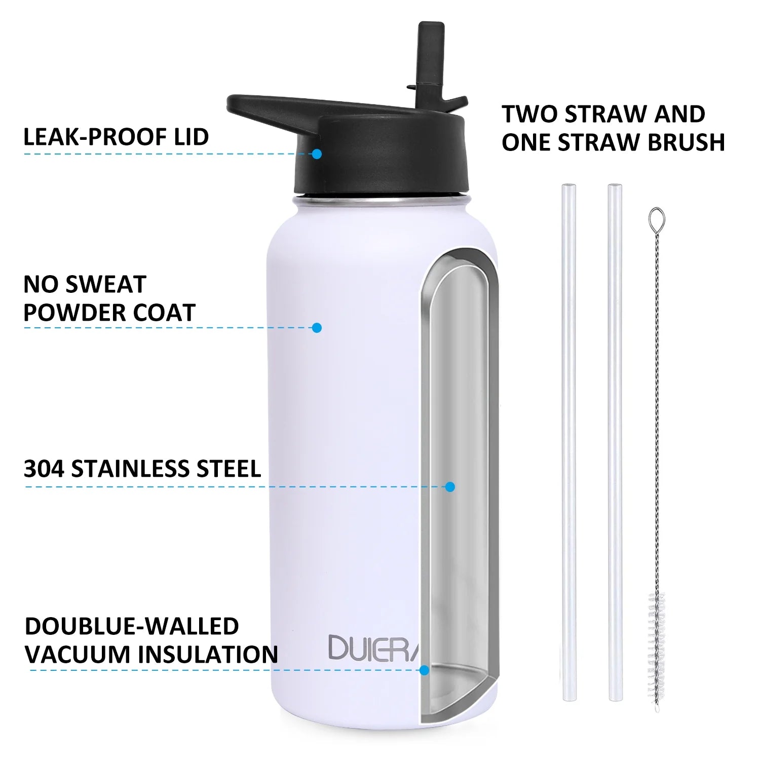 Leak-Proof Lid White Water Bottle 32 Oz Stainless Steel Water Bottle 1L Vacuum BPA Free Water Bottle with Straws & Leak Proof Spout Lids & Straw Brush