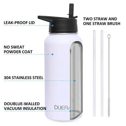 Leak-Proof Lid White Water Bottle 32 Oz Stainless Steel Water Bottle 1L Vacuum BPA Free Water Bottle with Straws & Leak Proof Spout Lids & Straw Brush