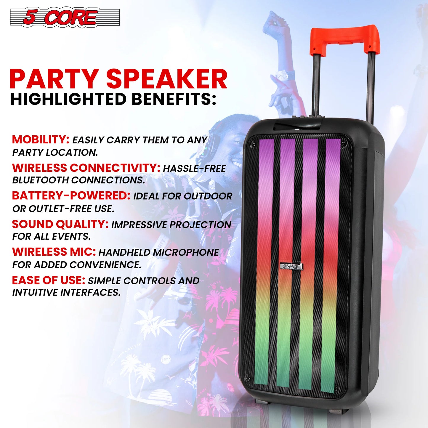 Party Speaker 5Core Bluetooth Party Speaker 8 Inch PA RGB Partybox Karaoke Machine + 2 Wireless Mic