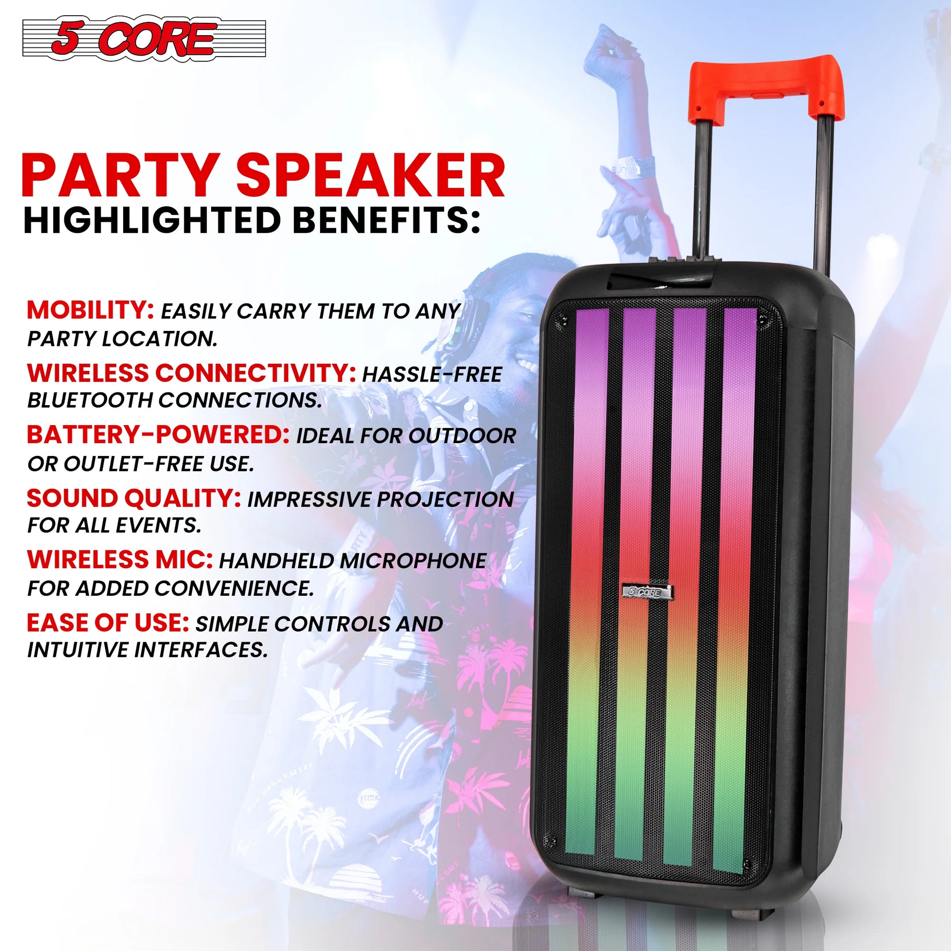 Party Speaker 5Core Bluetooth Party Speaker 8 Inch PA RGB Partybox Karaoke Machine + 2 Wireless Mic