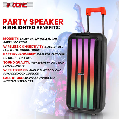 Party Speaker 5Core Bluetooth Party Speaker 8 Inch PA RGB Partybox Karaoke Machine + 2 Wireless Mic