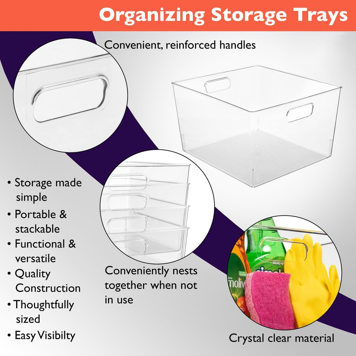 Easy Storage XL Clear Plastic Storage Bins - 2 Pack for Kitchen Cabinet and Fridge Organization
