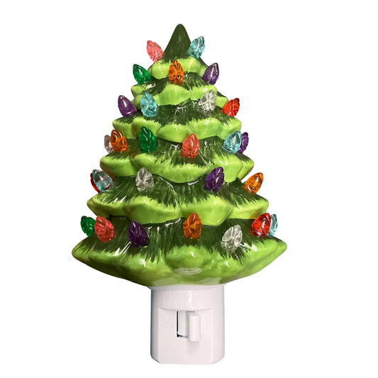 Vintage Hand-Painted Ceramic Christmas Tree Night Light - Green Wall Plug-In Decor